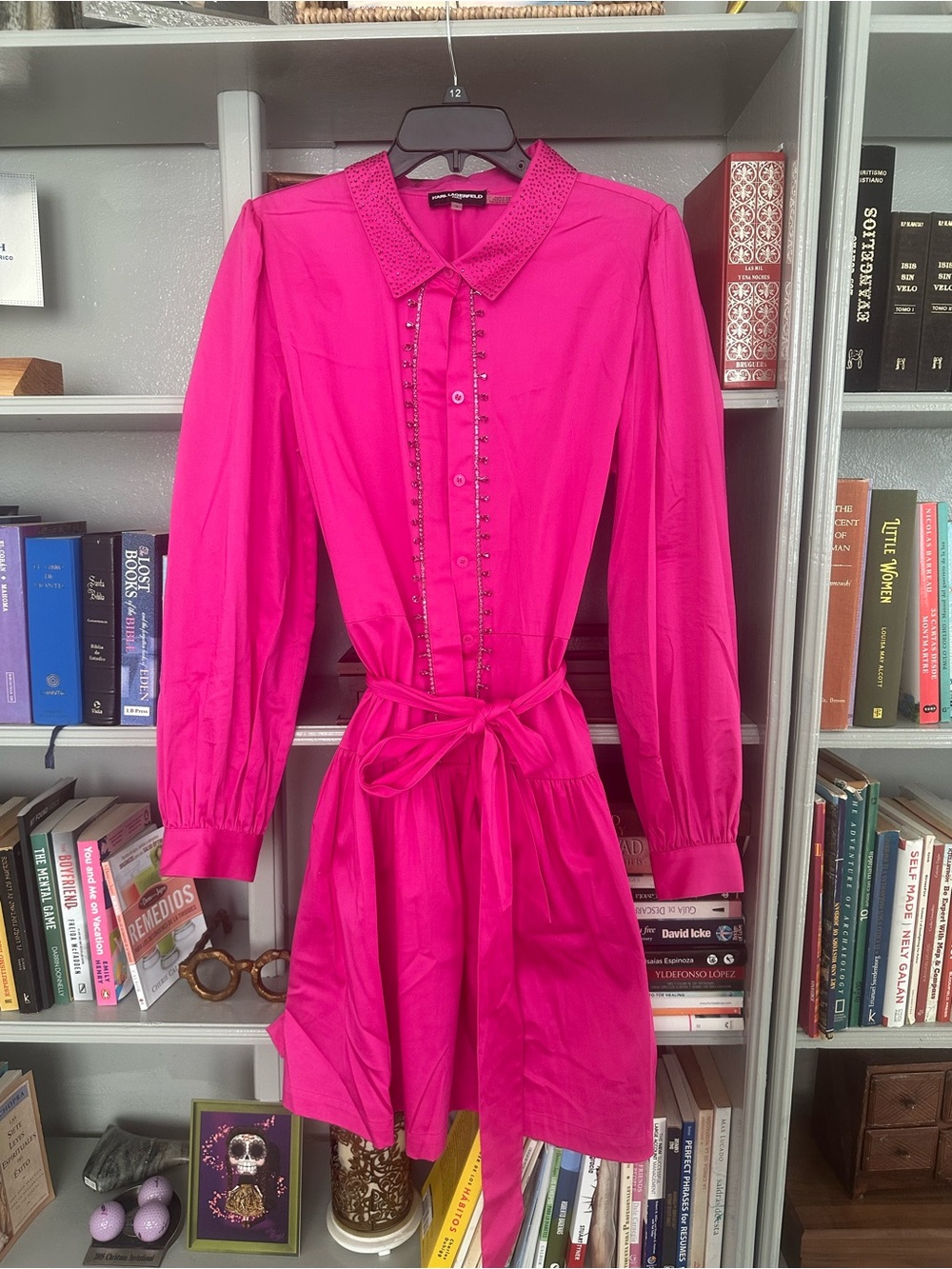 Karl Lagerfeld Bright Fuchsia Long-Sleeve Shirt Dress with Tie Waist